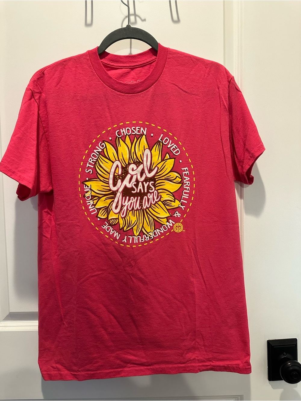 Red Graphic Tee with Yellow Sunflower "God Says You Are"